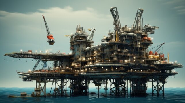 Offshore oil and Gas processing platform, Concept of exploration and petroleum production industry in the sea.