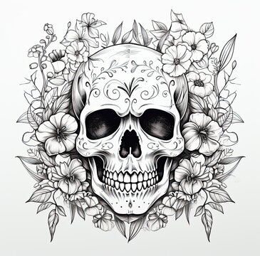 Human skull design with flower around.