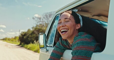 Happy woman, holiday freedom and car road trip with travel, excited and driving journey in countryside. Smile, vacation and adventure of a female person in summer with van for transport and window