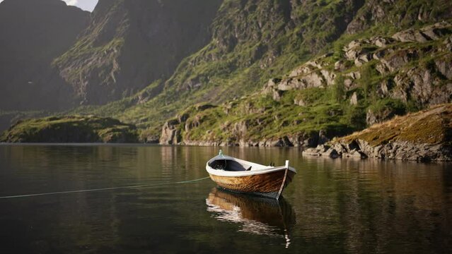 In the heart of a Norwegian fjord, a wooden rowing boat finds its haven on a buoy, its mirrored presence on the tranquil lake perfectly echoing the majesty of the encircling mountains