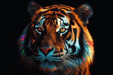 Fototapeta premium Photo of a tiger head, a predatory wild cat. poster copy space