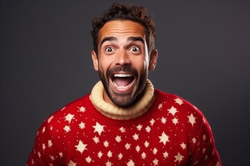 Portrait of a handsome young man with christmas sweater and wide open mouth