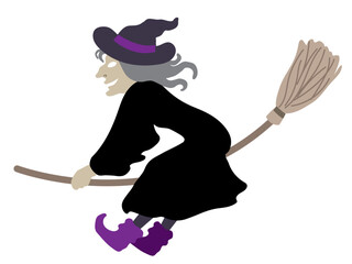 Halloween outlined vector illustration element of spooky, cute and fun flying wicked witch in black costume, enjoying the ride.