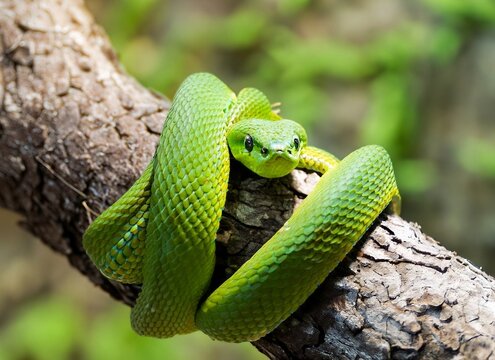 Green snake coiled around the tree trunk, Close-up Snake