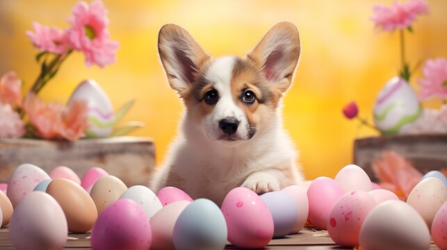 Generative AI concept of Catholic Easter and pets. A charming welsh corgi pembroke puppy with colored Easter eggs. Front view. Yellow background with dog. Greeting card.