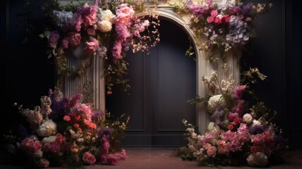 A doorway with a bunch of flowers in front of it - obrazy, fototapety, plakaty