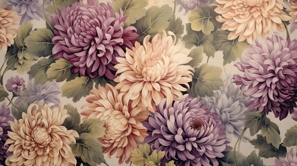 Edwardian Chrysanthemums on Faded Linen: