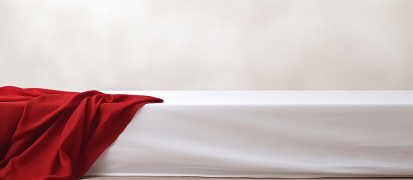 Table with white tablecloth and red runner against luxury white wall Space for text