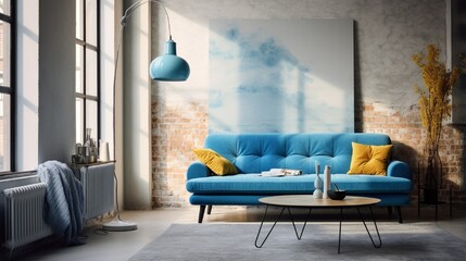 Bright apartment with blue sofa, bench, rug, lamp and table .
