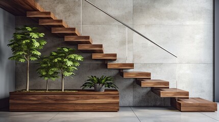 Close-up of wooden stair winders, elegant design with granite base, sunlit tropical tree against polished concrete wall--an ideal 3D loft interior design . - obrazy, fototapety, plakaty