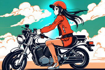 A Japanese anime-style illustration of a female rider sitting on a motorcycle and looking into the distance. Generative AI