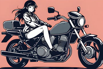 Fototapeta na wymiar A Japanese anime-style illustration of a female rider sitting on a motorcycle and looking into the distance. Generative AI