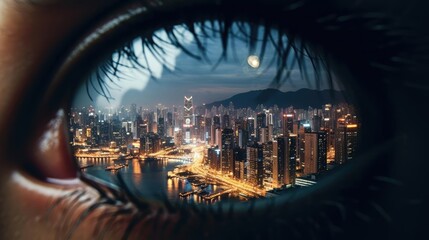 Fototapeta na wymiar The city is reflected in the human eye