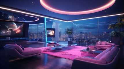Interior of a futuristic luxury bedroom with bed, neon lighting, led tv on the wall, and impressive ceiling design . - obrazy, fototapety, plakaty