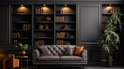 Modern interior design for home, office, interior details, upholstered furniture against the background of a dark classic wall .