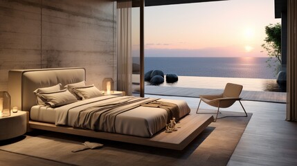 Modern luxury bedroom open to patio with ocean view .