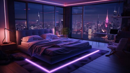 Modern master bedroom interior neon lights .