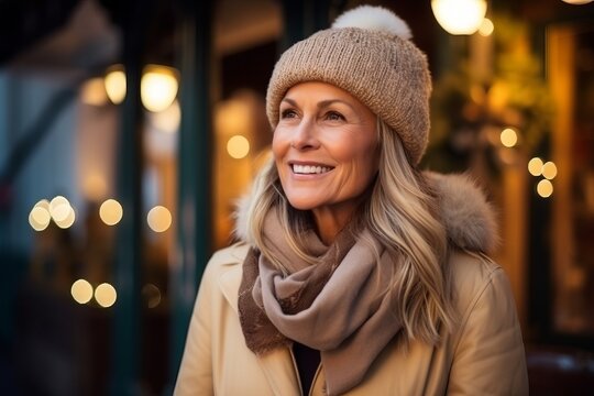 Portrait of happy mature woman in winter coat and hat standing outdoors