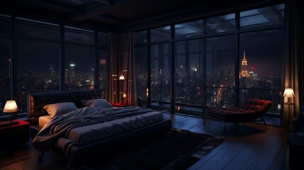 penthouse bedroom at night, dark gloomy, A room with a view of the city from the bed . - obrazy, fototapety, plakaty