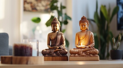 Selective focus at two Buddha statue standing on bamboo coffee table in bright living room interior...