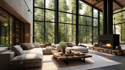 Spacious cozy living room with big windows and glass door .
