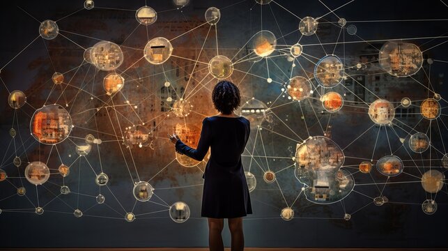 confident businesswoman illustrating global networking, customer connection, CRM, client service, digital marketing, and social engagement