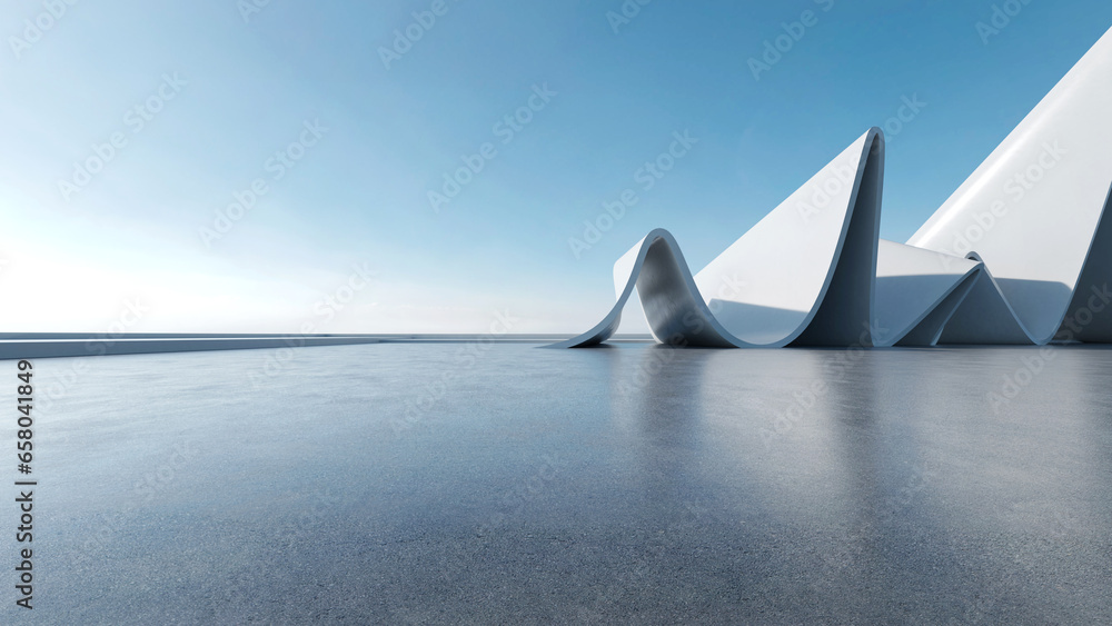 Poster 3d render of abstract futuristic architecture with empty concrete floor. Scene for car presentation.