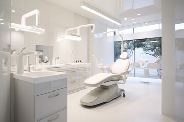 Modern dental practice. Dental chair and other accessories and medic light.