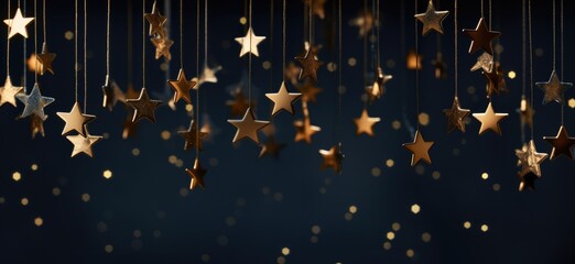 Golden star decorations hanged on a black background, christmas concept.