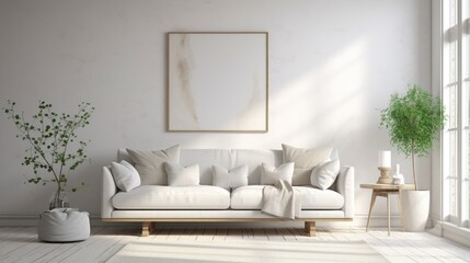 White room with sofa. Scandinavian interior design. 3D illustration .