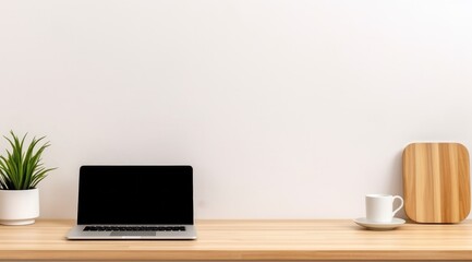 Laptop mock up on wooden blotchy white table.