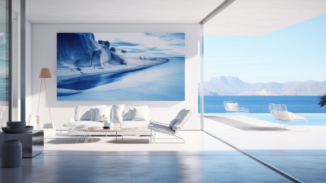 Villa beachfront home concept image and home design inspiration, in the style of calm seas and skies.