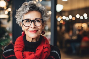 Portrait of a happy senior woman in a red scarf and glasses.