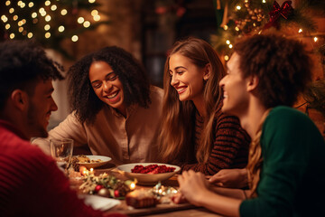 happy friends of mixed races celebrating Christmas at home party. celebration and holidays concept - obrazy, fototapety, plakaty