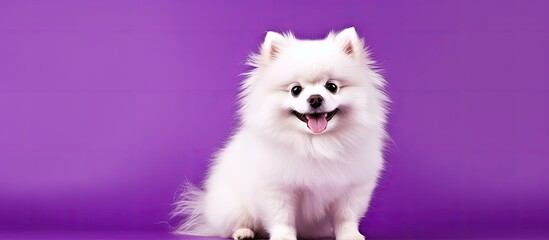 Fototapeta na wymiar White Pomeranian on purple background Adorable spitz Perfect for text