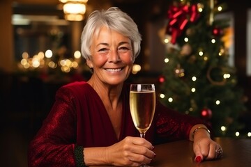 Portrait of smiling senior woman with glass of champagne at christmas