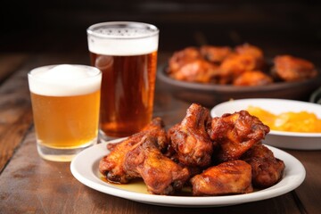 beer with foam next to a plate of bbq chicken wings