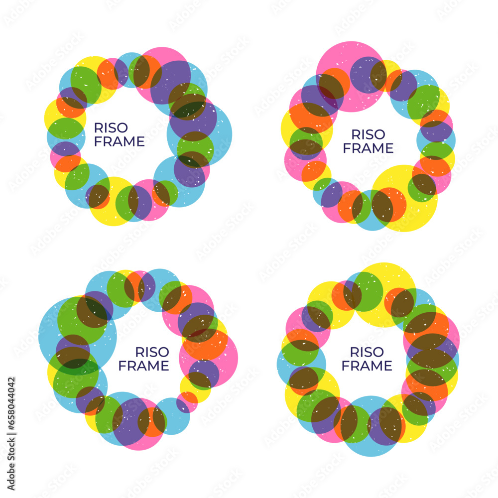 Poster circle frame collection with round shapes in trendy riso graph print texture style. colorful art