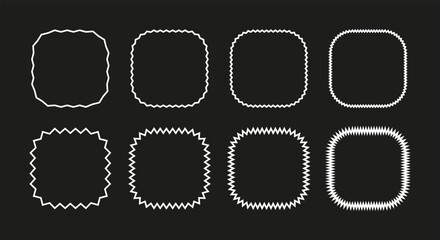 Wavy edge rounded square line frame. Linear zigzag badges collection