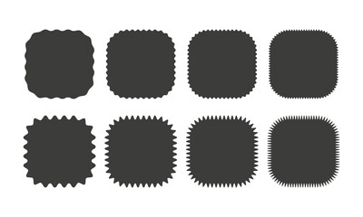Zigzag edge rounded square shapes collection. Jagged sticker or stamp set with wavy edges