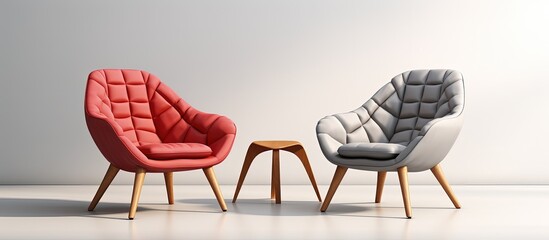 gray and red armchairs with fabric seats and wooden legs on white backdrop with shadows - obrazy, fototapety, plakaty