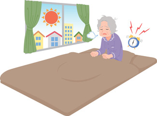 朝からぐったりする　高齢女性　布団