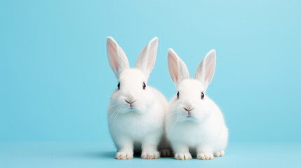 Obraz premium Generative AI two small white rabbits on a blue minimalistic studio background. Charming pet rodent. Front view portrait. Easter bunny concept.