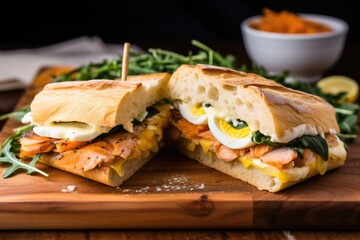 a breakfast sandwich with baguette, brie, and salmon