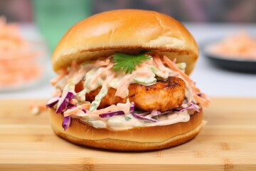 shrimp burger on brioche bun with spiced mayo and coleslaw
