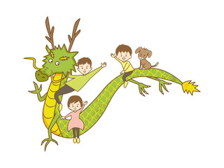 龍の背中に乗った3人家族とイヌ(文字なし)