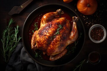 Whole roasted chicken with rosemary and spices on rustic wooden background