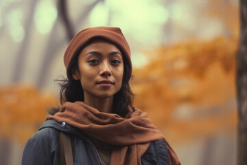 Multiethnic woman enjoying autumn in the woods