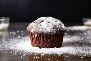 single chocolate muffin with a dusting of powdered sugar