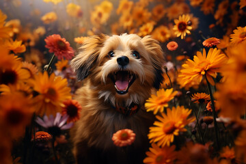 Generative AI Image of Cute Puppy Playing in Flowering Field with Happy Expression
